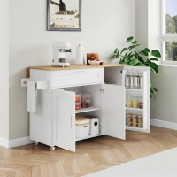 Mesa de cozinha móvel com tampo de trabalho dobrável, gaveta, prateleira para especiarias, suporte para toalhas, 132,5x44/70x90 cm, Branco+Cor natural(m-5)