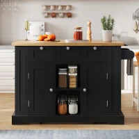 Ilha de cozinha móvel com tampo dobrável, três gavetas e dois compartimentos de armário, 132x40/70x87 cm, Preto(m-4)