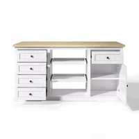 Ilha de cozinha com tampo extensível dobrável, 5 gavetas e 2 prateleiras extraíveis, 150x45/65x75,5 cm, Branco(m-9)