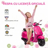 AIYAPLAY Motocicletă electrică pentru copii cu licență Vespa, roți ajutătoare, far și muzică, PP și metal, 107x47x73 cm, Roz(m-4)