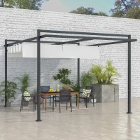Outsunny Cenador de Jardín 3x4 m con Techo Retráctil de Poliéster y 12 Orificios de Drenaje Pérgola para Terraza Blanco y Gris(m-10)