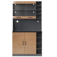 Highboard de cozinha, compartimento de vidro reforçado e iluminação ambiente LED, prateleiras laterais reguláveis em altura100x47x187 cm, Cor natural(m-1)