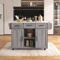 Grande ilha de cozinha com 3 gavetas, portas de arrumação, prateleiras ajustáveis e suporte para toalhas, 139x46/71x91,5 cm, Cinzento(m-4)