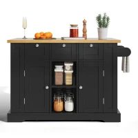 Ilha de cozinha móvel com tampo dobrável, três gavetas e dois compartimentos de armário, 132x40/70x87 cm, Preto(m-9)
