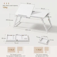 HOMCOM Masă de pat pliabilă și reglabilă, blat pentru laptop din bambus cu înclinare 83,5x33x34cm alb(m-3)