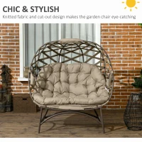 Outsunny 2 Seater Egg Chair Outdoor, Folding Weave Garden Furniture Chair with Cushion, Cup Pockets - Khaki(m-4)