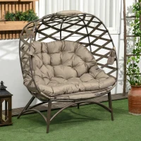 Outsunny 2 Seater Egg Chair Outdoor, Folding Weave Garden Furniture Chair with Cushion, Cup Pockets - Khaki(m-2)