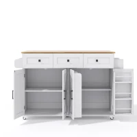 Ilha de cozinha com tampo rebatível, 4 portas, 3 gavetas, suportes duplos para toalhas, design estilo celeiro, 140x43/70x90,5 cm, Branco+Cor natural(m-11)
