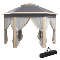Outsunny Paviljoen 4x4 tuinpaviljoen zeshoekig opvouwbaar met draagtas dubbel dak beige+ kaki