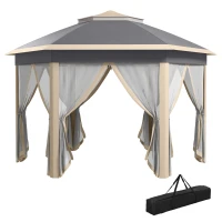 Outsunny Paviljoen 4x4 tuinpaviljoen zeshoekig opvouwbaar met draagtas dubbel dak beige+ kaki(m-1)