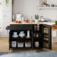 Mesa de cozinha móvel com tampo de trabalho dobrável, gaveta, prateleira para especiarias, suporte para toalhas, 132,5x44/70x90 cm, Preto+Cor natural(m-2)