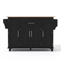 Ilha de cozinha móvel com gaveta oculta para talheres, prateleiras reguláveis, prateleira para especiarias e suporte para toalhas, 136x45/70x92 cm, Preto+Cor natural(m-11)