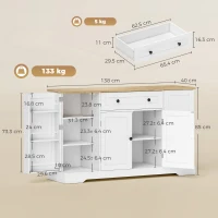HOMCOM Aparador Armario de Cocina con 4 Puertas Cajón Estante Ajustable Estantes de Puerta para Cocina Comedor 138x40x85 cm Blanco(m-3)