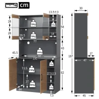 Highboard de cozinha, compartimento de vidro reforçado e iluminação ambiente LED, prateleiras laterais reguláveis em altura100x47x187 cm, Cor natural(m-3)