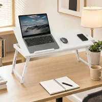 HOMCOM Masă de pat pliabilă și reglabilă, blat pentru laptop din bambus cu înclinare 83,5x33x34cm alb(m-2)