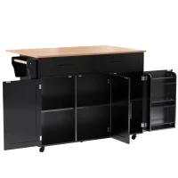 Grande ilha de cozinha com tampo extensível dobrável, 5 rodízios (2 com travão) , 129x46/71x91,5 cm, Preto+Cor natural(m-7)