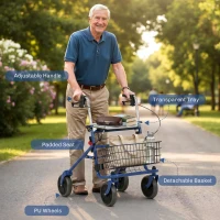 HOMCOM Déambulateur 4 roues pliable, rollator en acier inoxydable, siège rembourré en PU, poignée réglable, bleu(m-9)