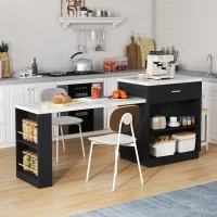 Ilha de cozinha com mesa de jantar extensível, armário de arrumação, 2 gavetas, 2 prateleiras laterais abertas, 211x55x89,5 cm, Preto(m-6)