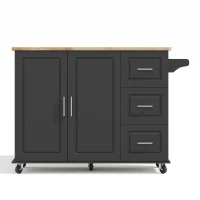 Grande ilha de cozinha móvel,design dobrável, armário multifuncional com 3 gavetas, suporte para toalhas, 137x43/76x92 cm, Preto(m-8)