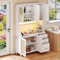 Móvel de cozinha com acabamento em rattan trançado e puxadores metálicos dourados, luzes LED decorativas, 100x40x183 cm, Branco(m-6)