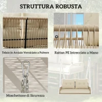 Outsunny Panca Sospesa Esterna a 2 Posti in Resina Intrecciata con Cuscini e Catene in Acciaio, 115x66x44 cm, Beige(m-6)