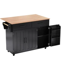 Grande ilha de cozinha com tampo extensível dobrável, 5 rodízios (2 com travão) , 129x46/71x91,5 cm, Preto+Cor natural(m-1)