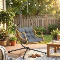 Outsunny Fauteuil suspendu en résine tressée avec support, chaise suspendue, coussin, attache de sécurité, hauteur réglable, gris(m-2)
