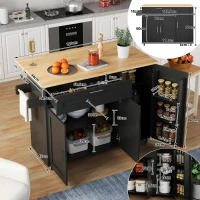 Mesa de cozinha móvel com tampo de trabalho dobrável, gaveta, prateleira para especiarias, suporte para toalhas, 132,5x44/70x90 cm, Preto+Cor natural(m-3)