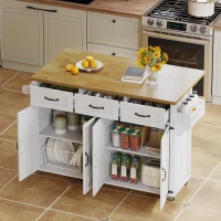 Ilha de cozinha com bancada rebatível, 4 portas, 3 gavetas, suportes duplos para toalhas, design estilo celeiro, 140x43/70x90,5 cm, Branco+Cor natural(m-7)