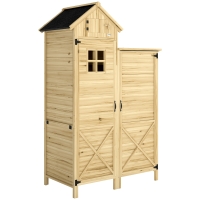 Outsunny Capanno per Attrezzi a 2 Zone con Ripiani Regolabili e Finestra, in Legno di Abete, 106x57x167 cm, Color Legno