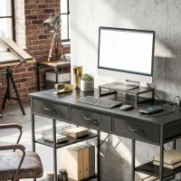 HOMCOM Bureau avec rangement avec prises de courant, 3 tiroirs en tissu et 4 étagères de rangement, 120 x 40 x 76 cm, noir(m-11)