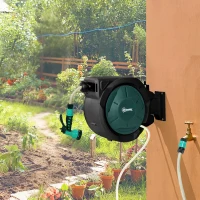 Outsunny Enrouleur Tuyau Arrosage Mural 30 m x Ø 15 mm Dévidoir Automatique de Tuyaux d'Eau Rétractable Automatique vert(m-2)
