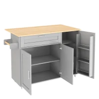 Mesa de cozinha móvel com tampo de trabalho dobrável, gaveta, prateleira para especiarias, suporte para toalhas, 132,5x44/70x90 cm, Cinzento(m-8)