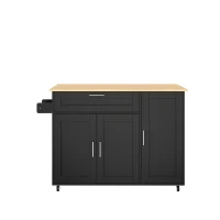 Mesa de cozinha móvel com tampo de trabalho dobrável, gaveta, prateleira para especiarias, suporte para toalhas, 132,5x44/70x90 cm, Preto+Cor natural(m-1)