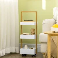 HOMCOM Carrito de Baño con Ruedas y 3 Cestas Carrito Auxiliar Multifuncional de Madera de Bambú 28x18x75 cm Blanco(m-10)