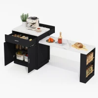 Ilha de cozinha com mesa de jantar extensível, armário de arrumação, 2 gavetas, 2 prateleiras laterais abertas, 211x55x89,5 cm, Preto(m-12)