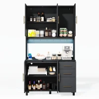 Móvel de cozinha com acabamento em rattan trançado e puxadores metálicos dourados, luzes LED decorativas, 100x40x183 cm, Preto(m-9)