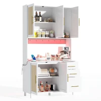 Móvel de cozinha com acabamento em rattan trançado e puxadores metálicos dourados, luzes LED decorativas, 100x40x183 cm, Branco(m-10)