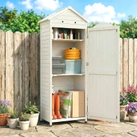 Outsunny Casetta porta Attrezzi in Legno con Tetto in Metallo e Scaffali Regolabili, 85x58x213 cm, Bianco(m-10)