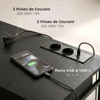 HOMCOM Bureau avec rangement avec prises de courant, 3 tiroirs en tissu et 4 étagères de rangement, 120 x 40 x 76 cm, noir(m-5)