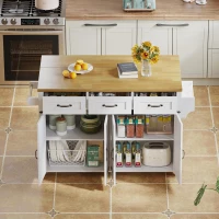 Ilha de cozinha com bancada rebatível, 4 portas, 3 gavetas, suportes duplos para toalhas, design estilo celeiro, 140x43/70x90,5 cm, Branco+Cor natural(m-6)