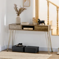 HOMCOM Consola Mueble Recibidor de Entrada con 2 Cajones Estante Abierto y Patas de Acero 120x29x79 cm Madera y Bronce(m-10)