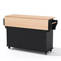 Ilha de cozinha móvel com gaveta oculta para talheres, prateleiras reguláveis, prateleira para especiarias e suporte para toalhas, 136x45/70x92 cm, Preto+Cor natural(m-10)