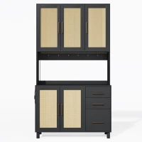 Móvel de cozinha com acabamento em rattan trançado e puxadores metálicos dourados, luzes LED decorativas, 100x40x183 cm, Preto(m-1)