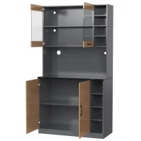 Highboard de cozinha, compartimento de vidro reforçado e iluminação ambiente LED, prateleiras laterais reguláveis em altura100x47x187 cm, Cor natural(m-8)
