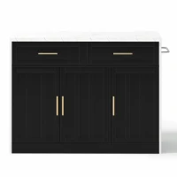 Ilha de cozinha com balcão de bar, com 2 gavetas e 3 portas, puxadores metálicos, suporte para toalhas, 120x60x91 cm, Preto(m-10)