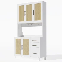 Móvel de cozinha com acabamento em rattan trançado e puxadores metálicos dourados, luzes LED decorativas, 100x40x183 cm, Branco(m-8)