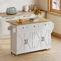 Ilha de cozinha com tampo rebatível, 4 portas, 3 gavetas, suportes duplos para toalhas, design estilo celeiro, 140x43/70x90,5 cm, Branco+Cor natural(m-4)