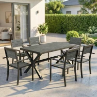 Outsunny Ensemble de Salle à Manger Extérieur 7 Pièces pour 6 Personnes, Table et Chaises Empilables avec Lattes Effet Bois, Cadre en Aluminium, Gris(m-2)