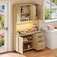 Móvel de cozinha com acabamento em rattan trançado e puxadores metálicos dourados, luzes LED decorativas, 100x40x183 cm, Cor natural(m-6)